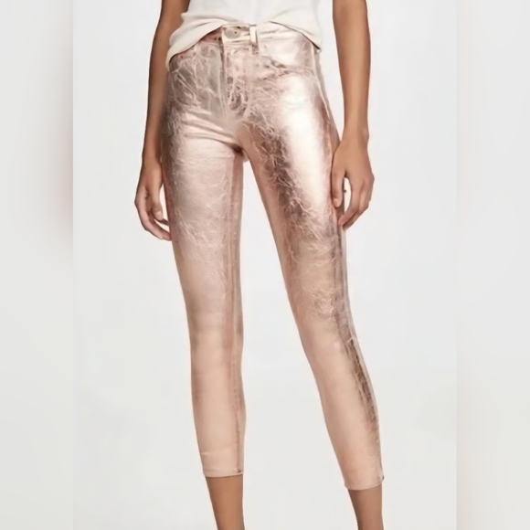 L’AGENCE Margot High Rise Skinny Jeans ~  Size 28 Petal Rose Gold Foil NWOT - Picture 2 of 8